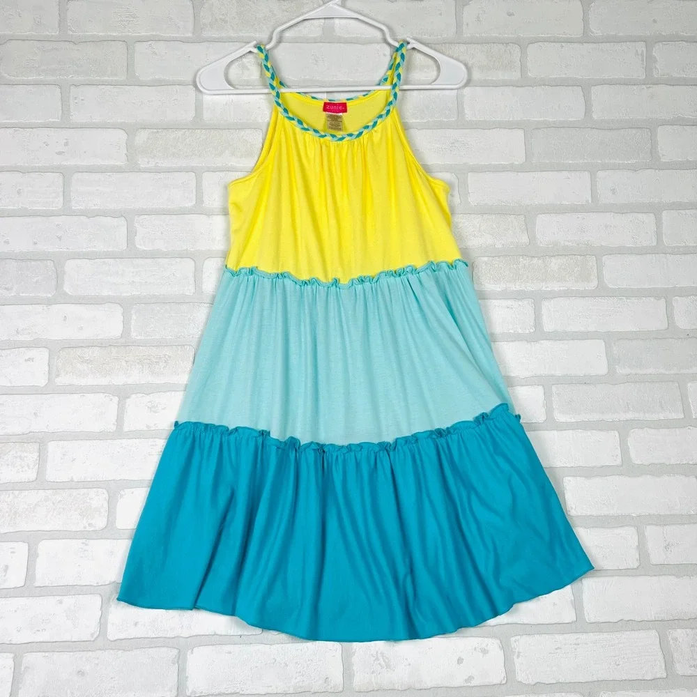 Zunie Girl Kids XL 14/16 Yellow Blue Tiered Colorblock Braided Strap Dress